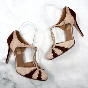 Valentino Vintage Y2K Sequin Trim Suede Leather Mary Jane Pumps Heels Retro 36.5